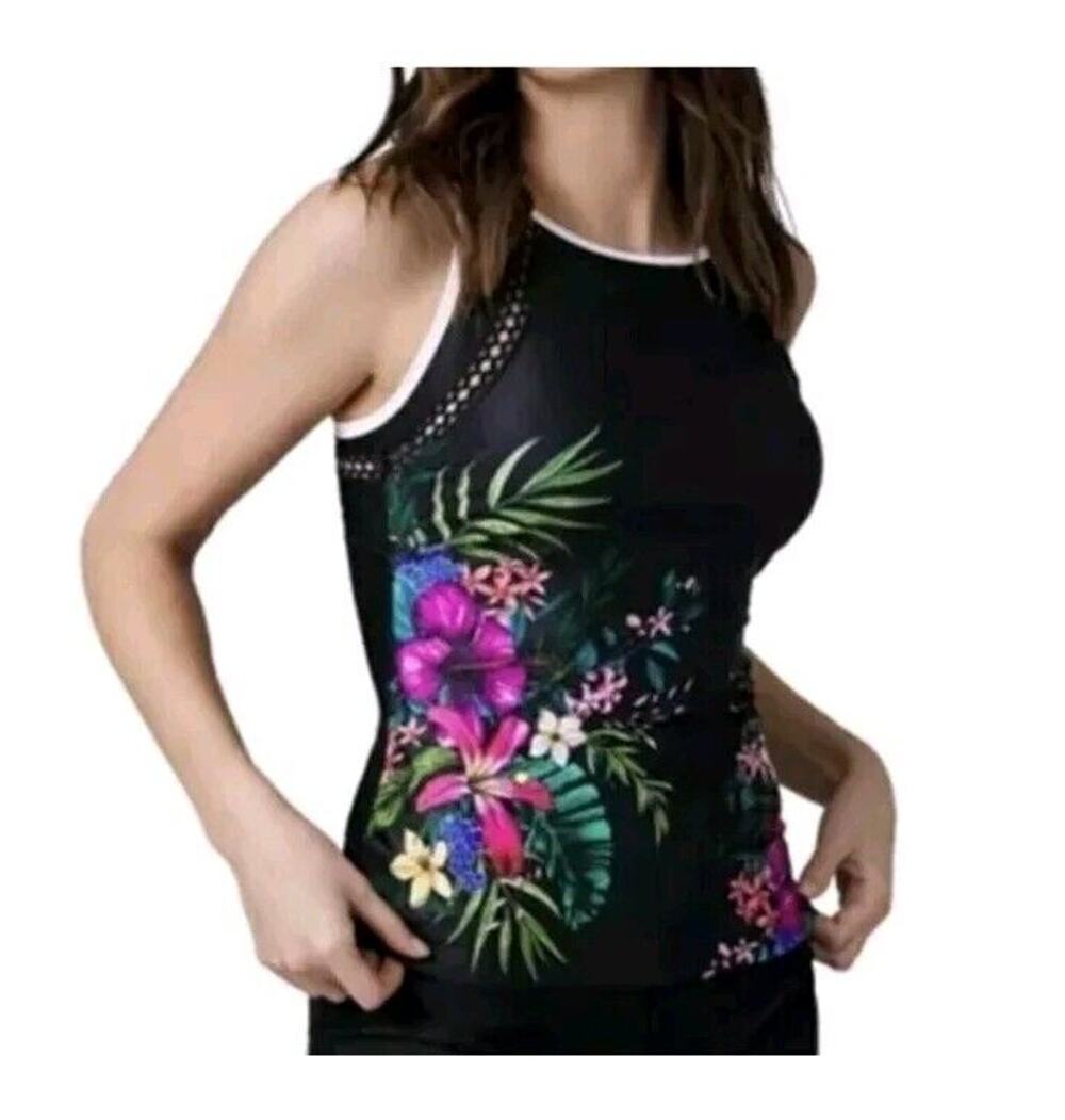 Free Country Sz XXL Tankini Top Swimsuit Floral Beach Eyelet Removable Pads 8454